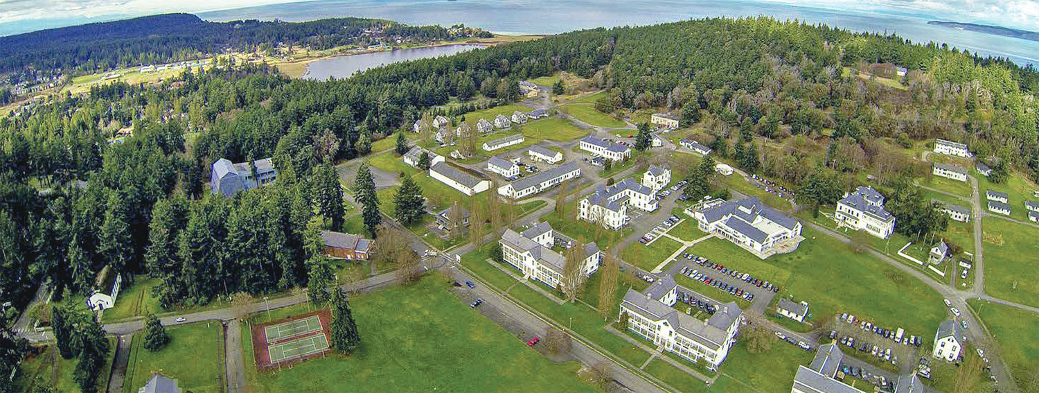 An aerial view of some of the buildings at Fort Worden State Park.